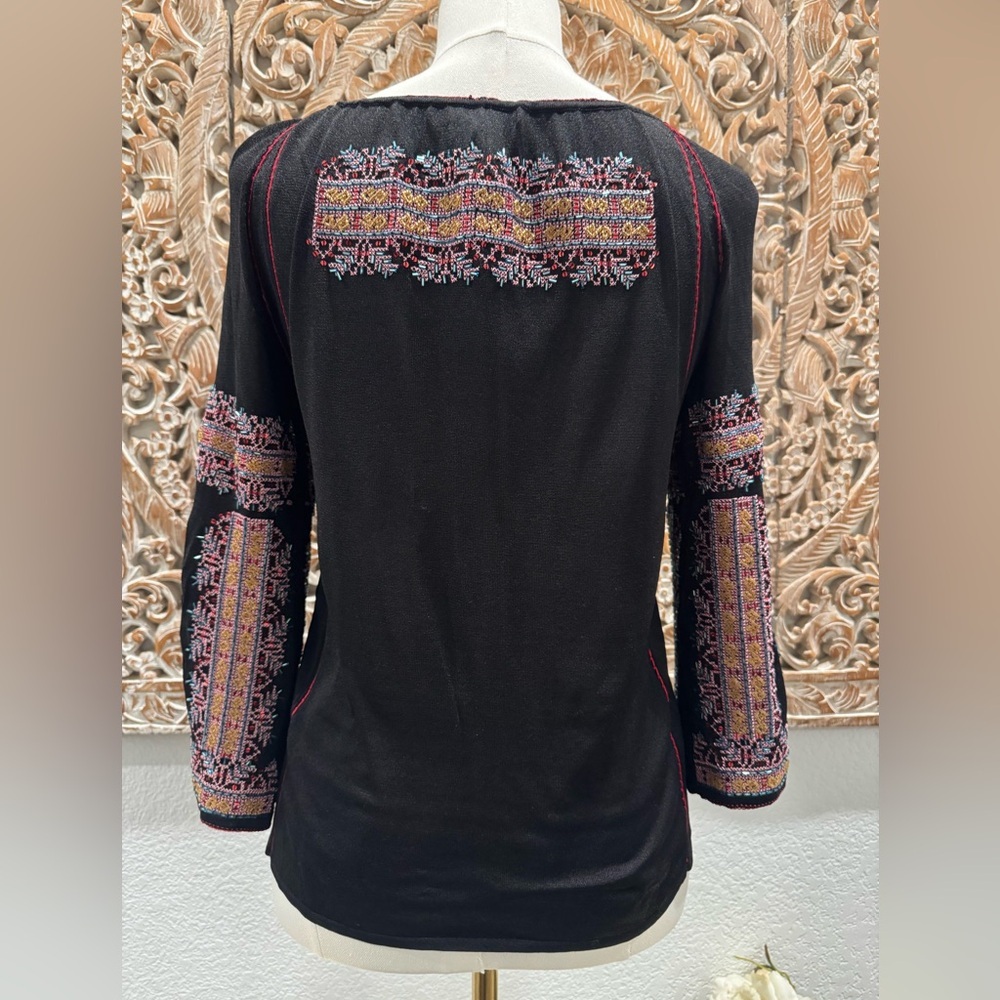 DKNY Beaded & Embroidered Silk Boho Peasant Blouse Festival Top, Flare Sleeves - Picture 3 of 16